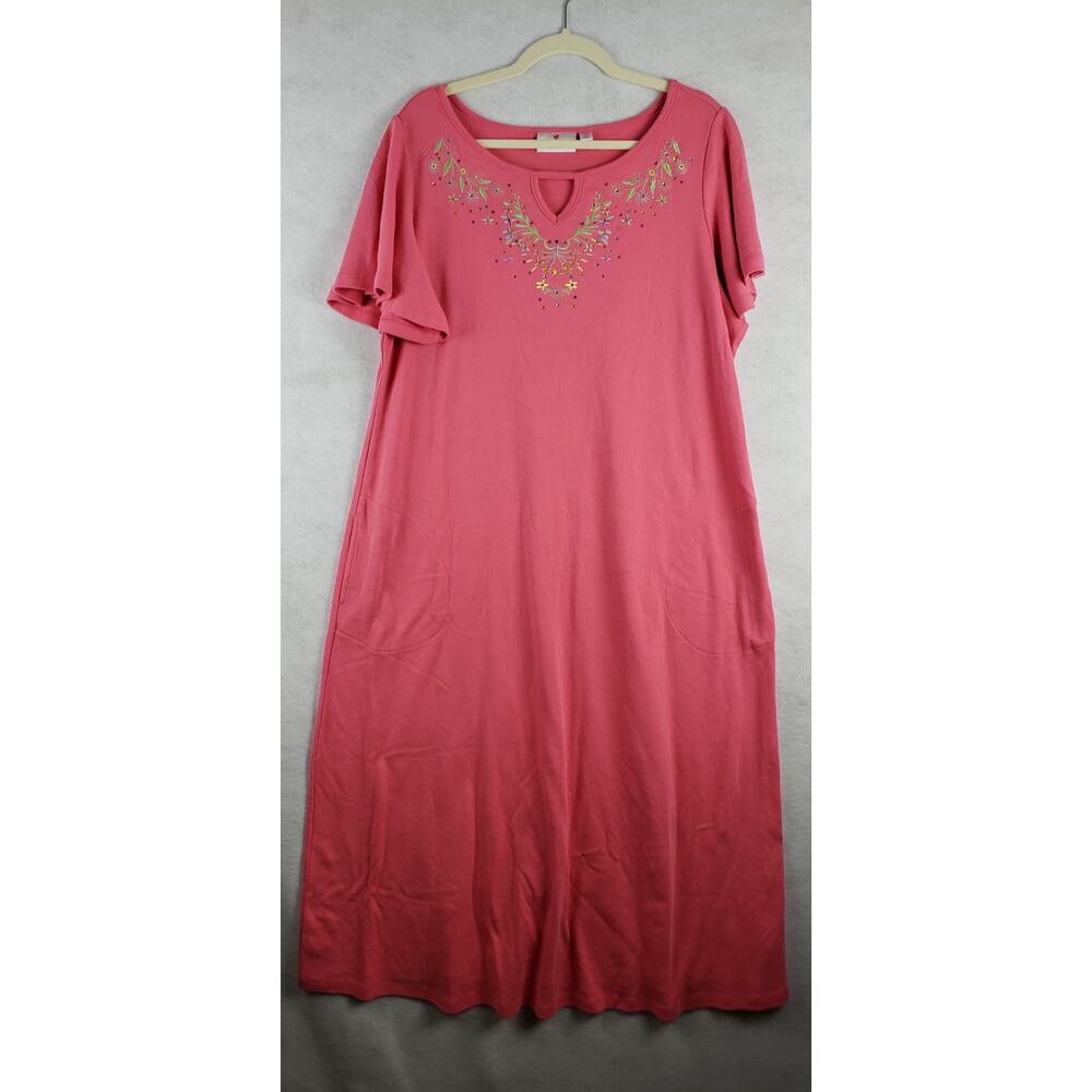 Quacker Factory‎ Women's XL Petite Embroidered Tee Shirt Maxi Dress Coral Casual